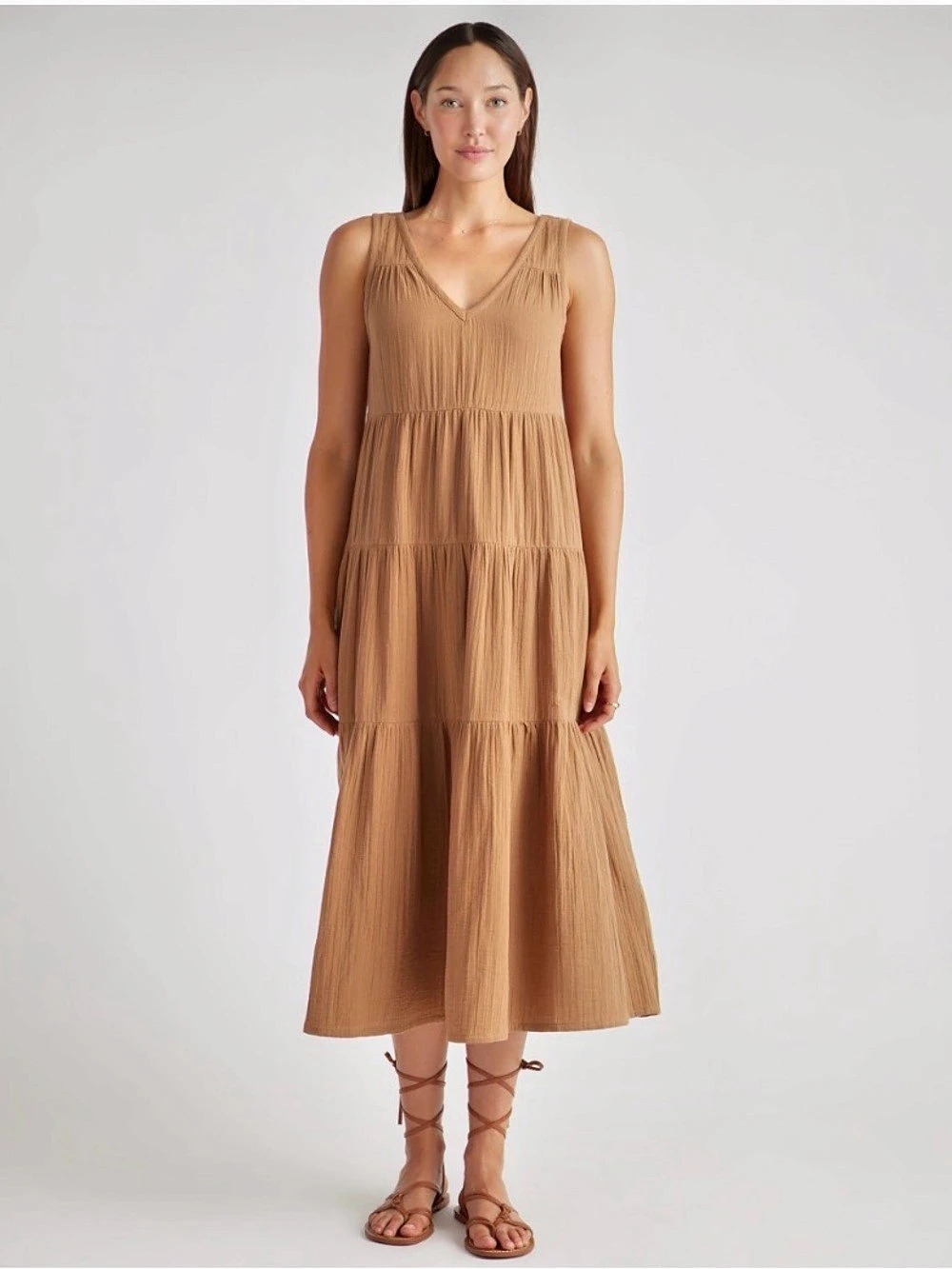 Quince 100% Organic Cotton Gauze Tiered Maxi Dress Brown Small Like New